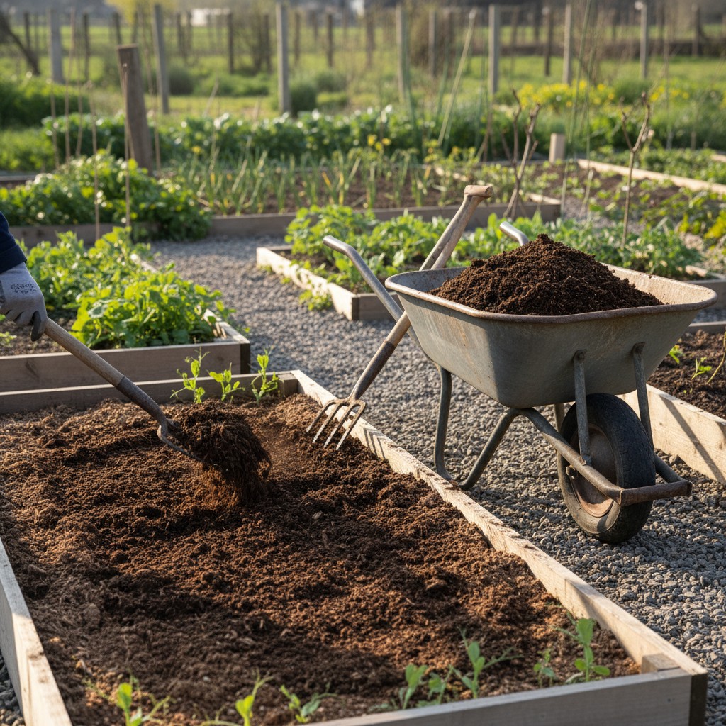 Compost being spread on a garden bed