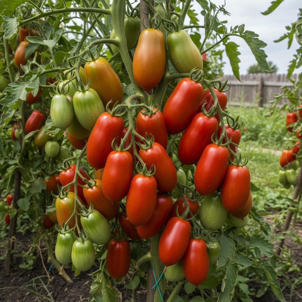 Roma paste tomatoes ripening in dense clusters