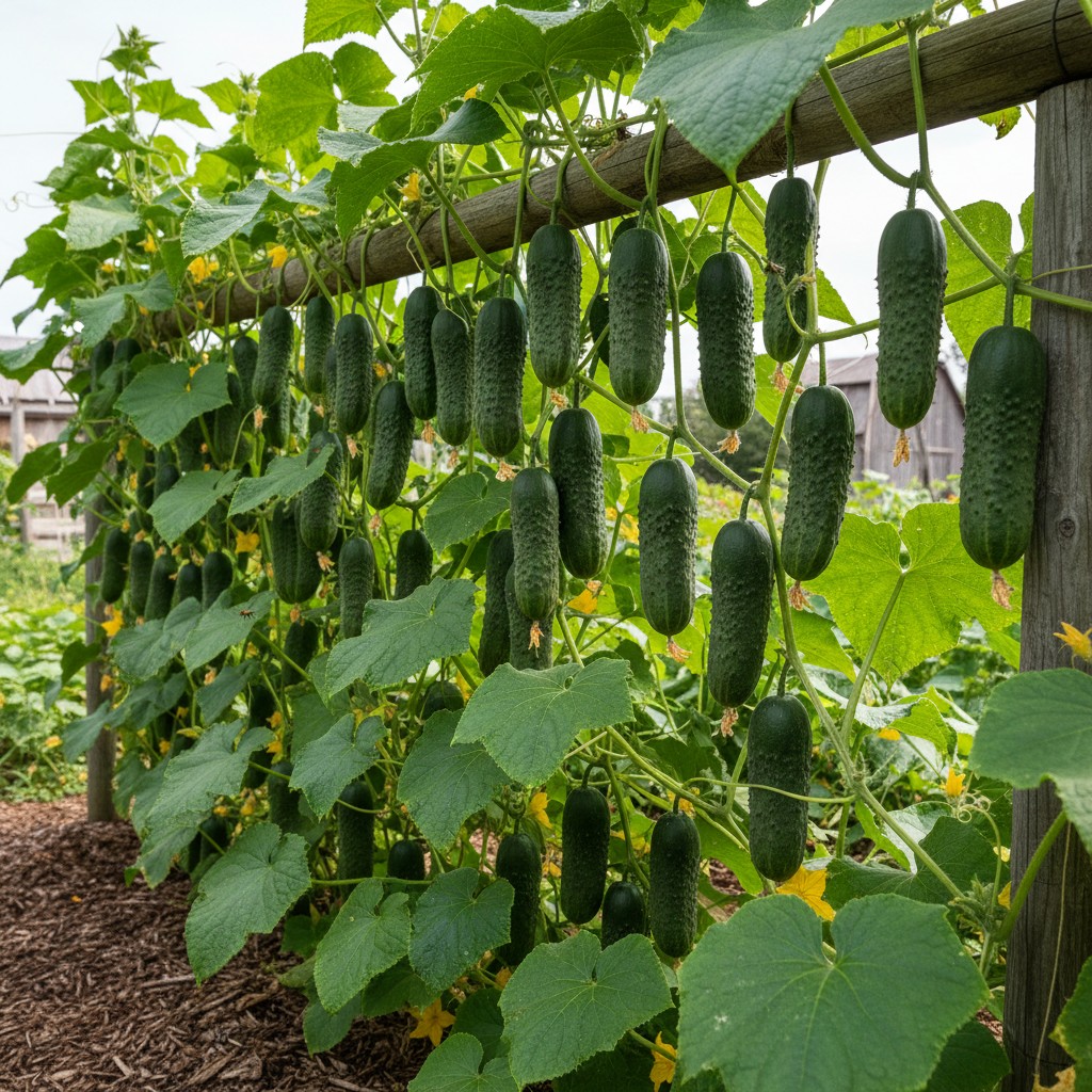 Pickling cucumbers on a trellis ready for harvest