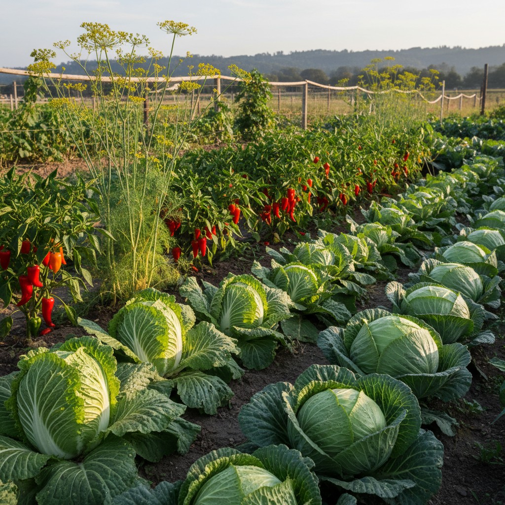 Crops for fermentation: napa cabbage, green cabbage, peppers, dill