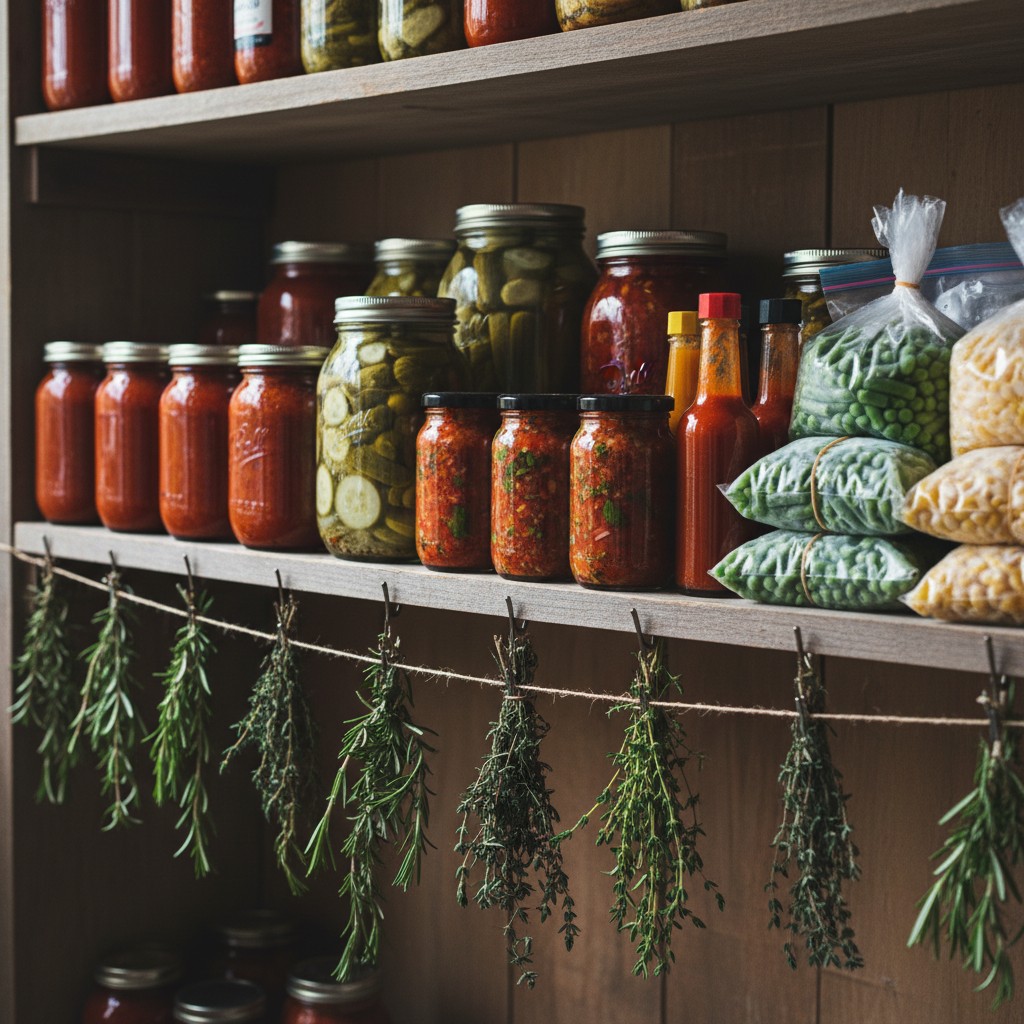 Pantry with canned sauce, pickles, salsa, dried herbs