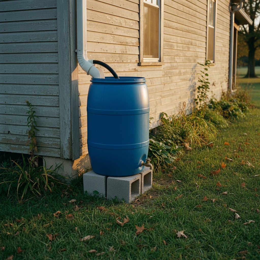 Rain barrel connected to downspout