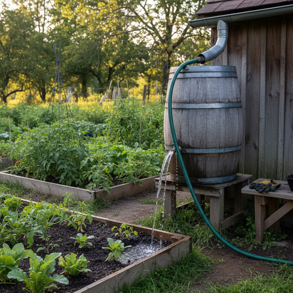 Garden being watered from a rain barrel via gravity-fed hose