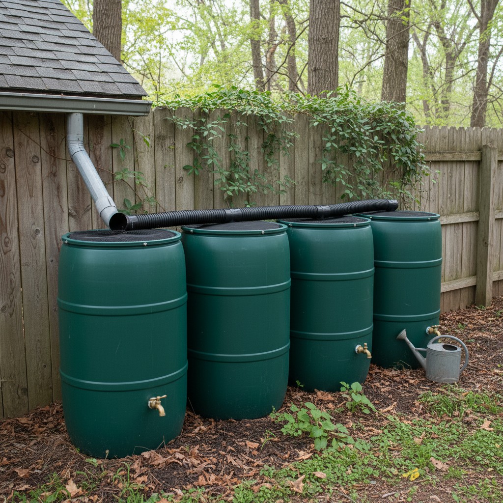 Three rain barrels linked in series for maximum storage