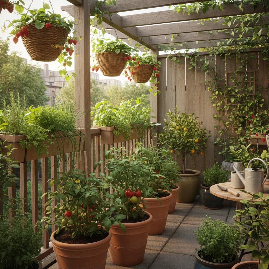 Patio container garden with tomatoes and herbs