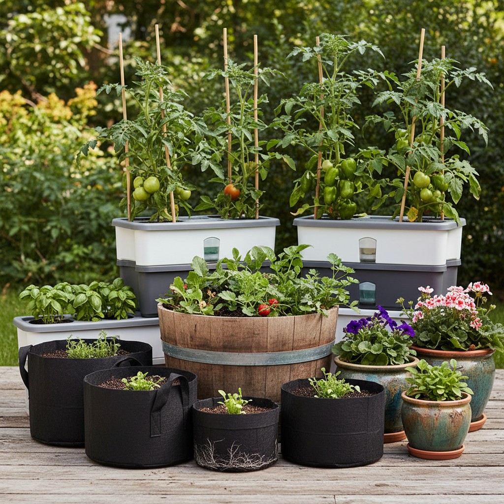 Fabric grow bags, ceramic pots, half-barrels, self-watering containers