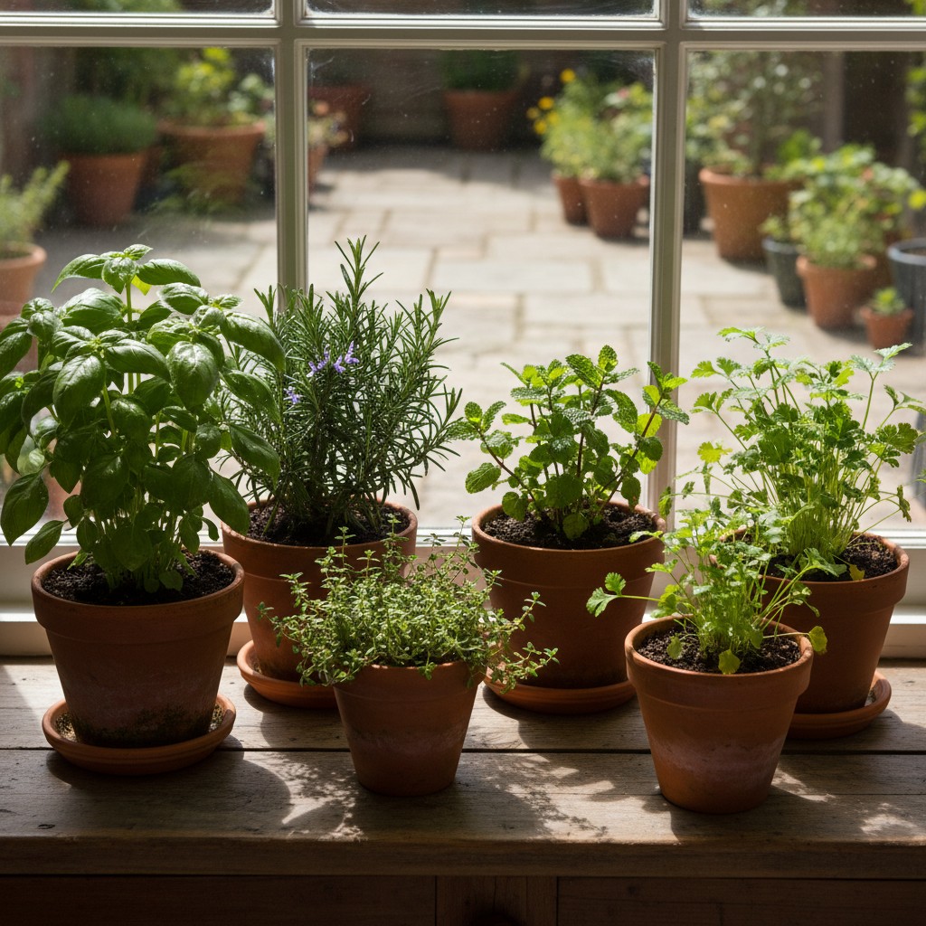Herbs in individual pots: basil, rosemary, thyme, mint, cilantro