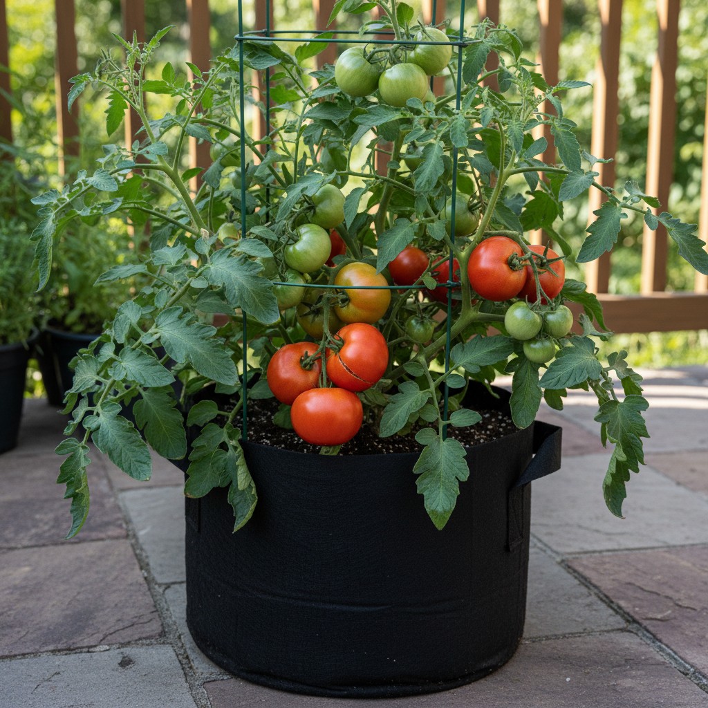 Determinate tomato loaded with fruit in a 5-gallon grow bag