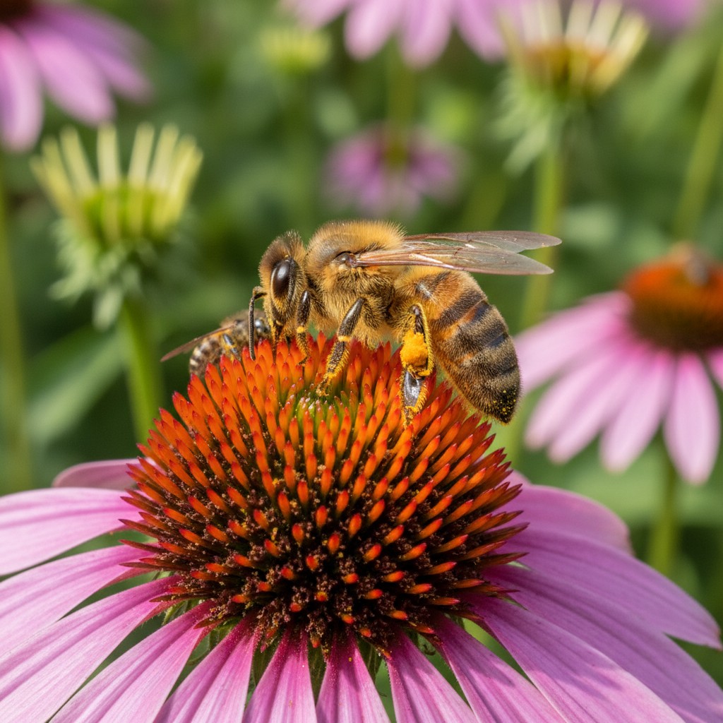 Honeybee covered in pollen on a purple coneflower