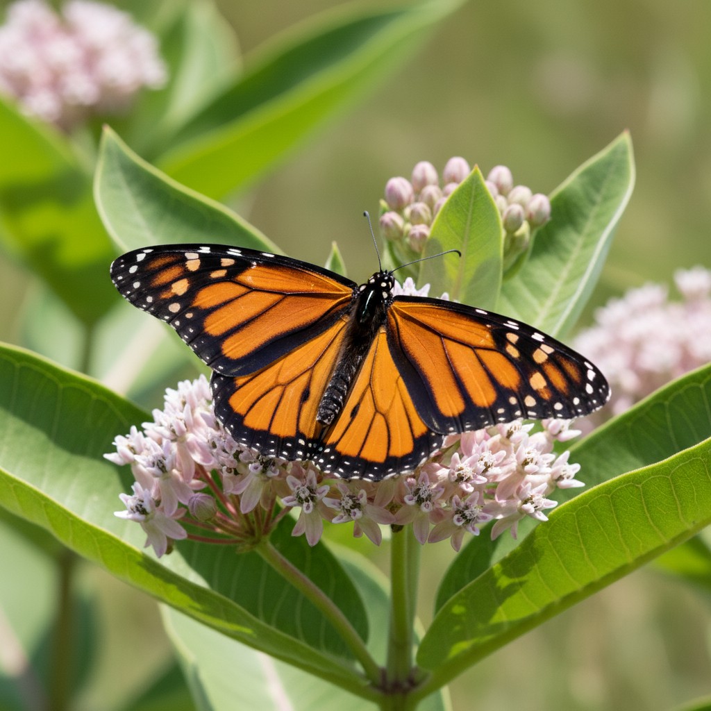 Monarch butterfly on native milkweed flowers