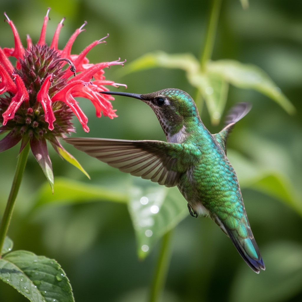 Hummingbird hovering at red bee balm