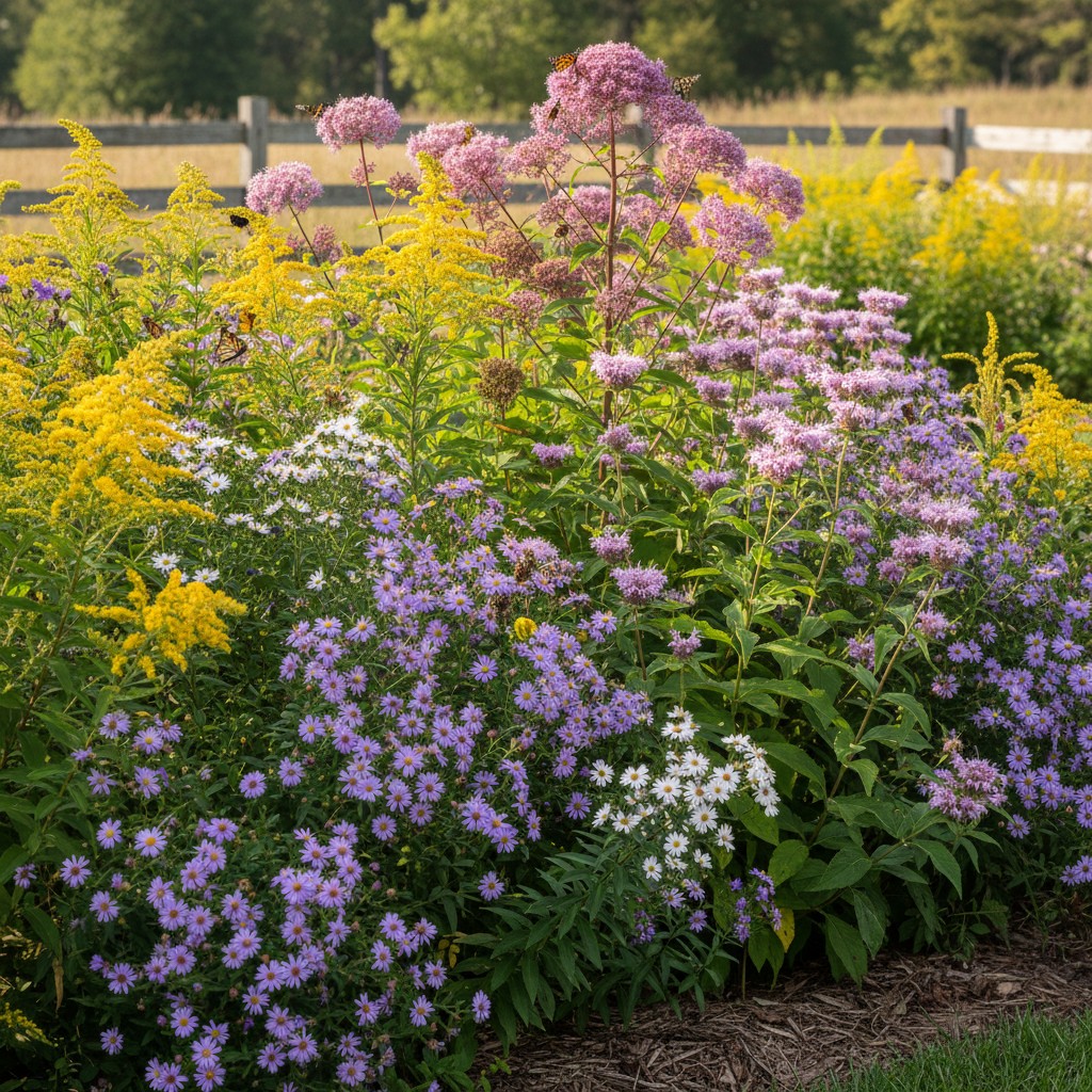Native asters, goldenrod, and Joe Pye weed growing together