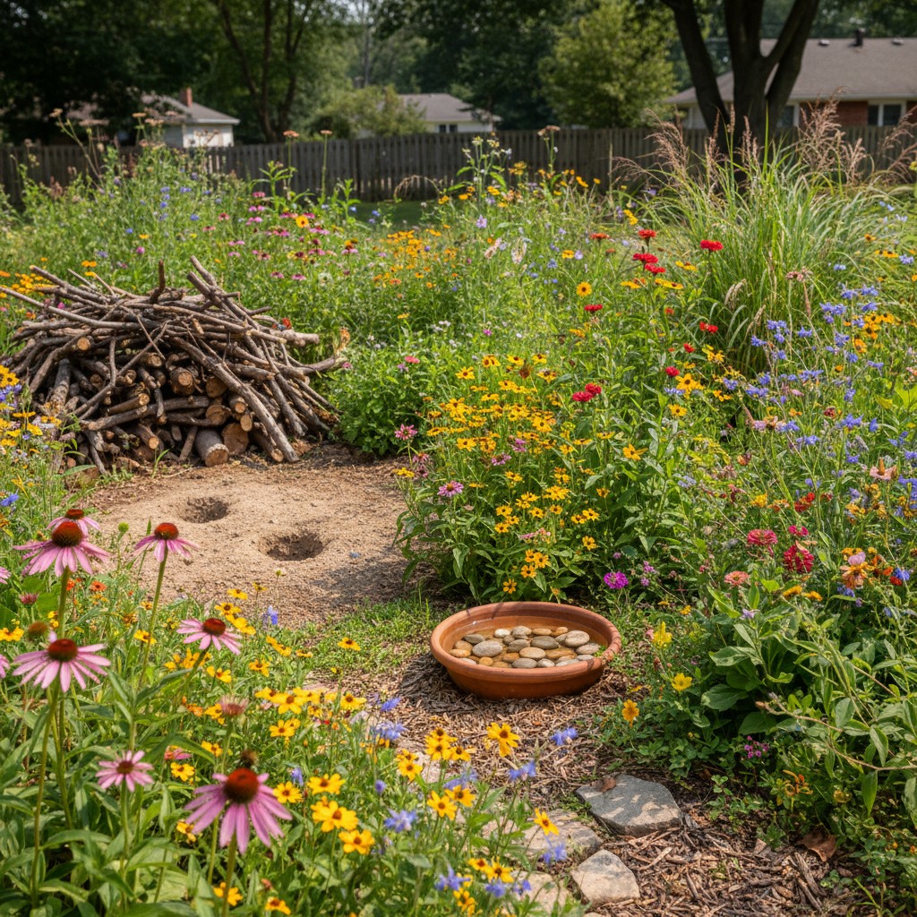 Pollinator-friendly yard with flowers, brush pile, bare soil, water dish