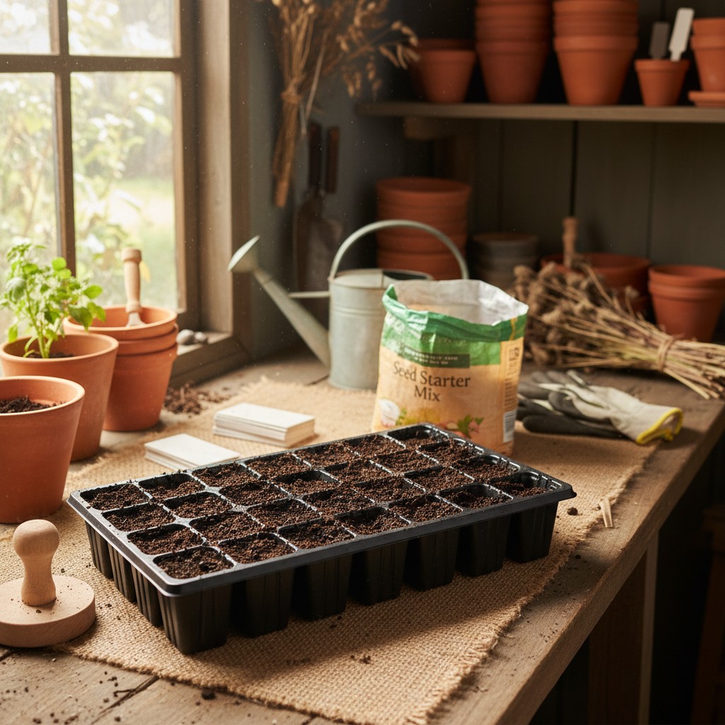 Seed starting cells being filled with moist mix