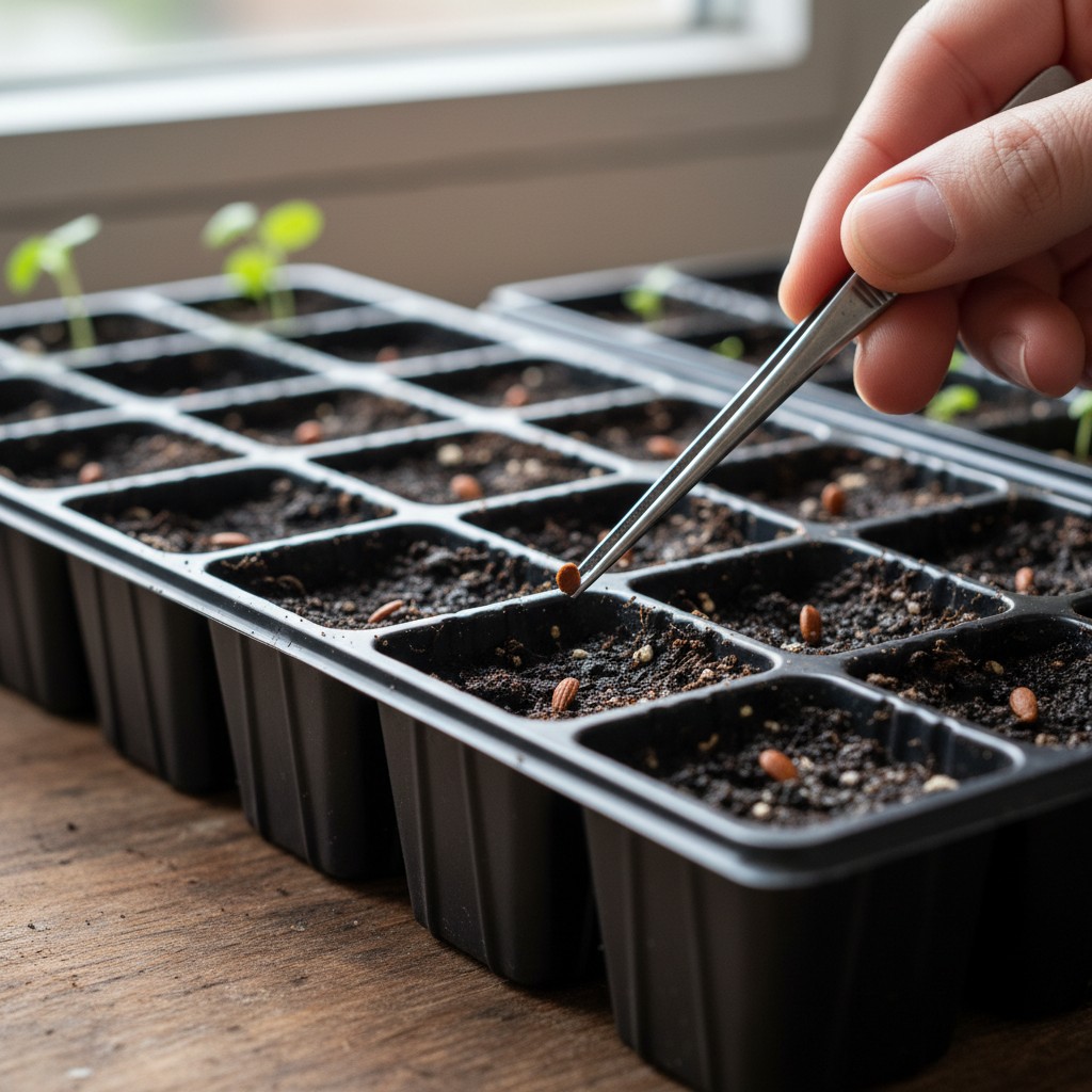 Small seeds being placed into cells with tweezers