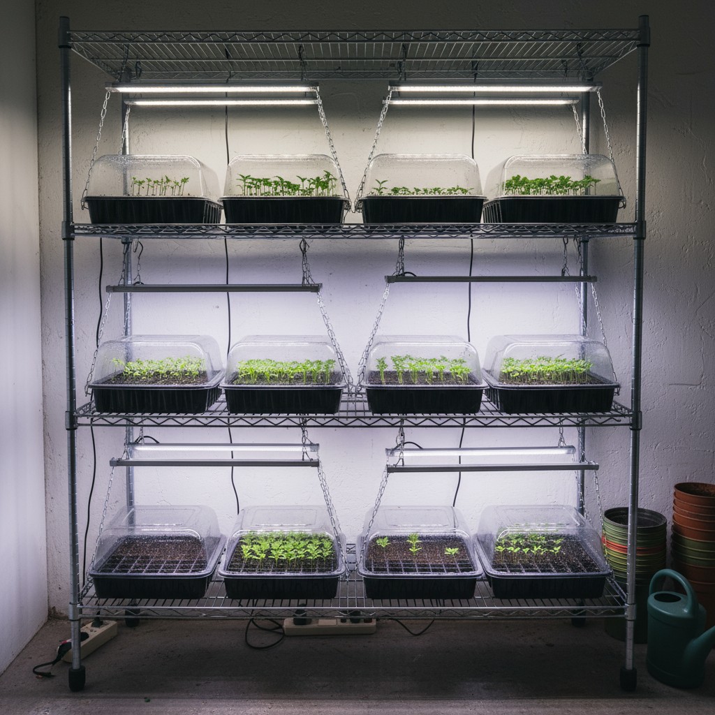 Seed trays under LED grow lights on a wire shelf