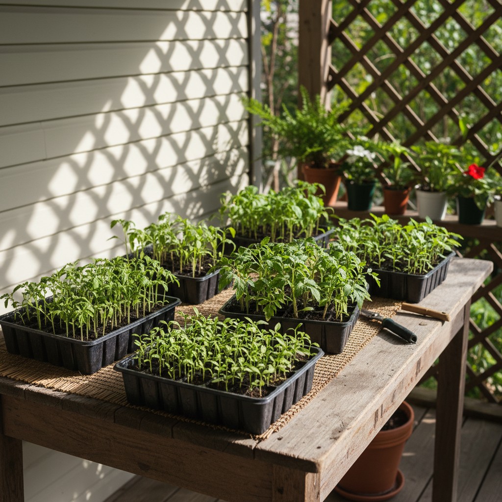 Seedling trays outside on a shaded porch