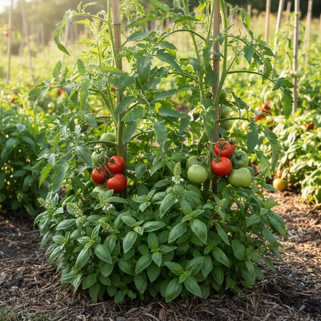 Tomatoes and basil growing together in a garden bed