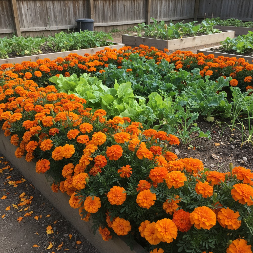 French marigolds bordering a vegetable bed