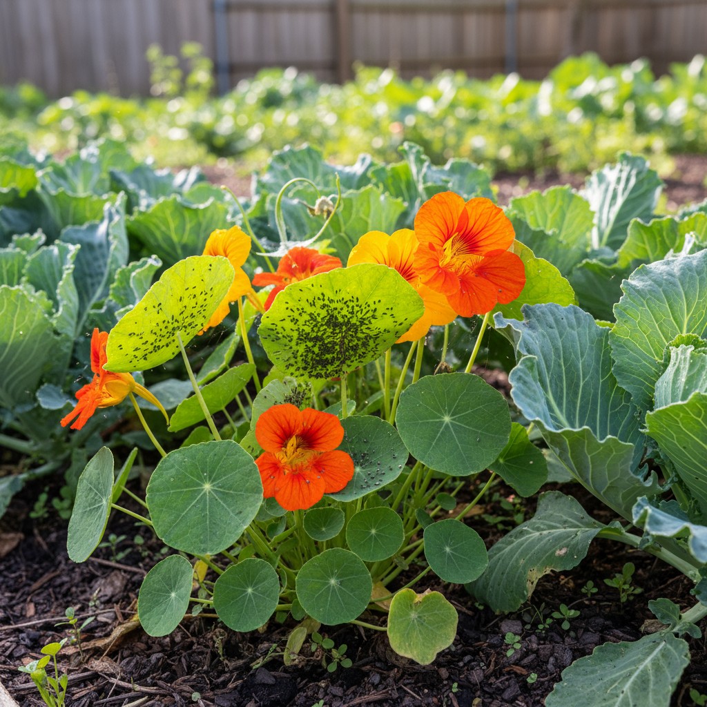 Nasturtiums as trap crop with aphids near brassicas