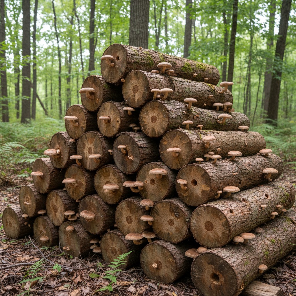 Shiitake mushrooms fruiting from logs