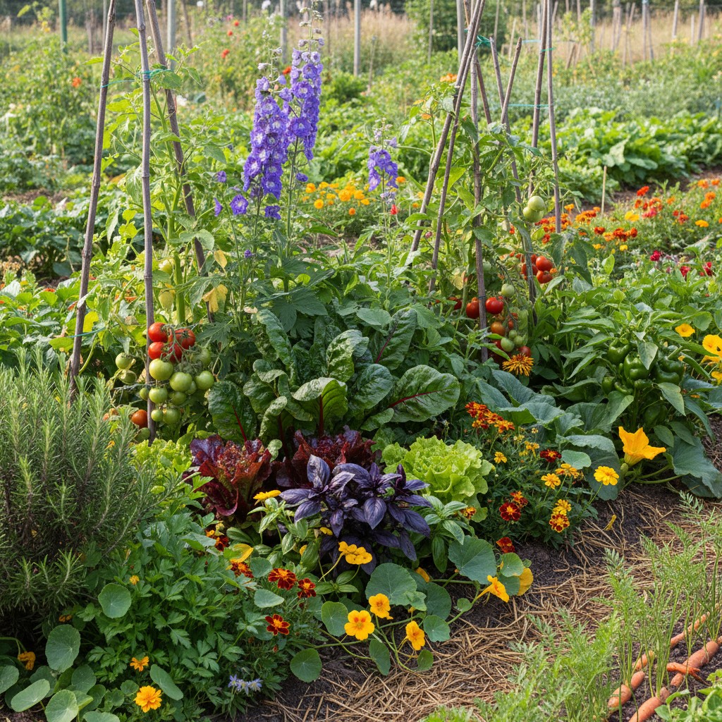 Diverse garden bed mixing flowers with vegetables and herbs