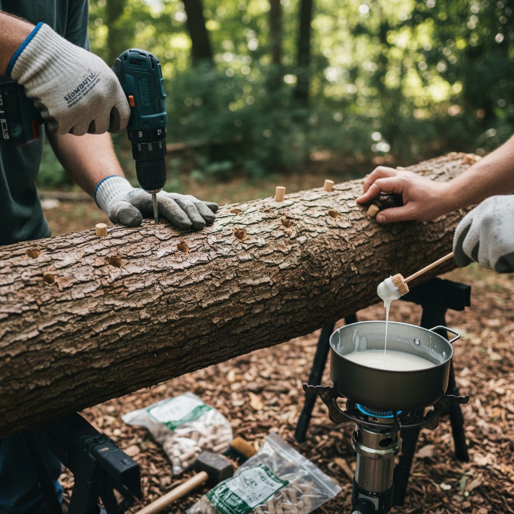 Hardwood log being drilled and plugged with mushroom spawn