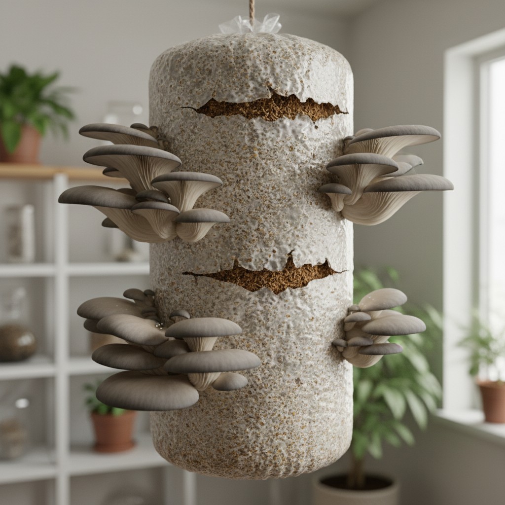 Oyster mushrooms fruiting from a hanging substrate bag