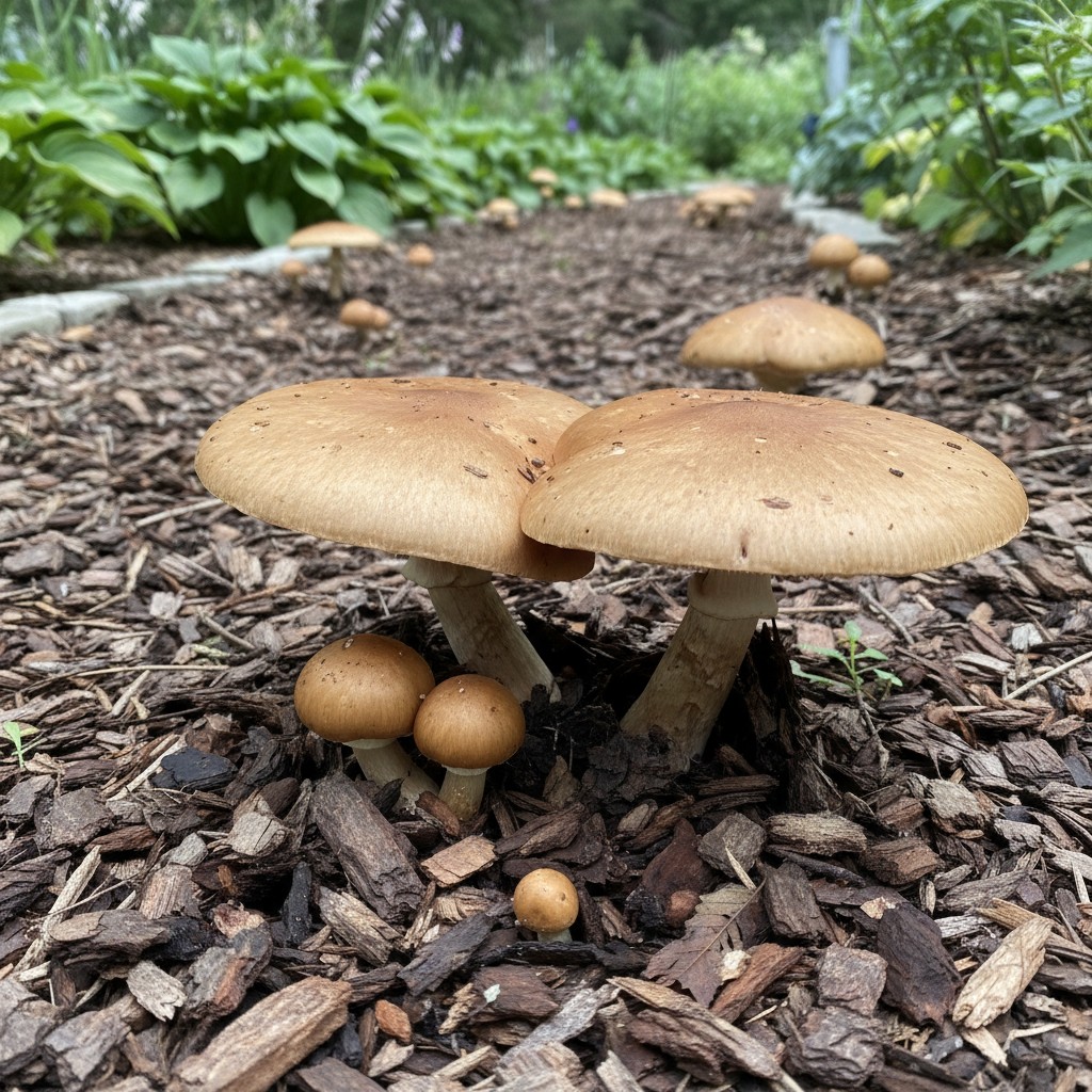 Wine cap mushrooms growing in a wood chip garden path