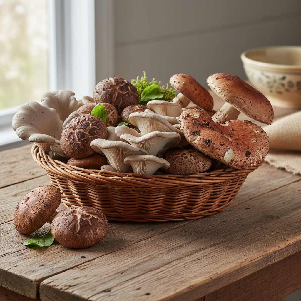 Basket of shiitake, oyster, and wine cap mushrooms