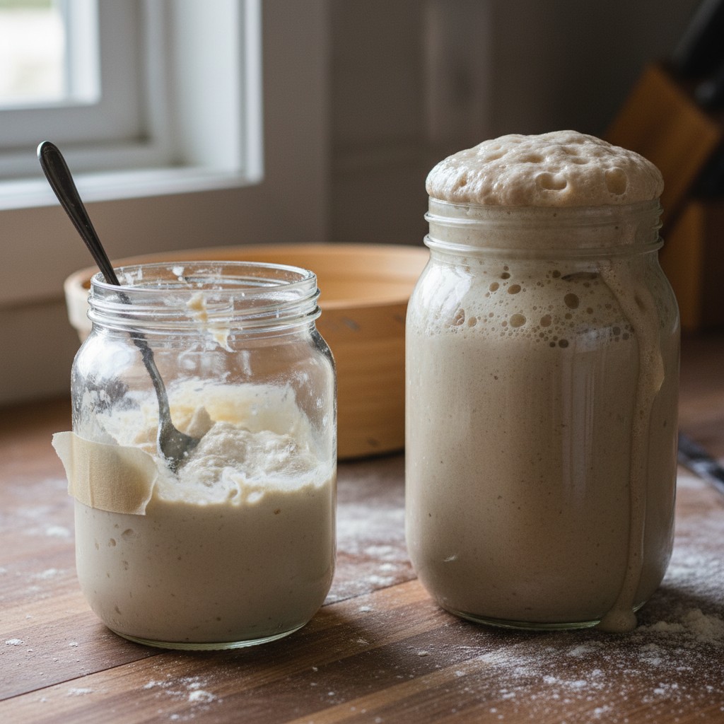 Jar of sourdough discard next to active starter