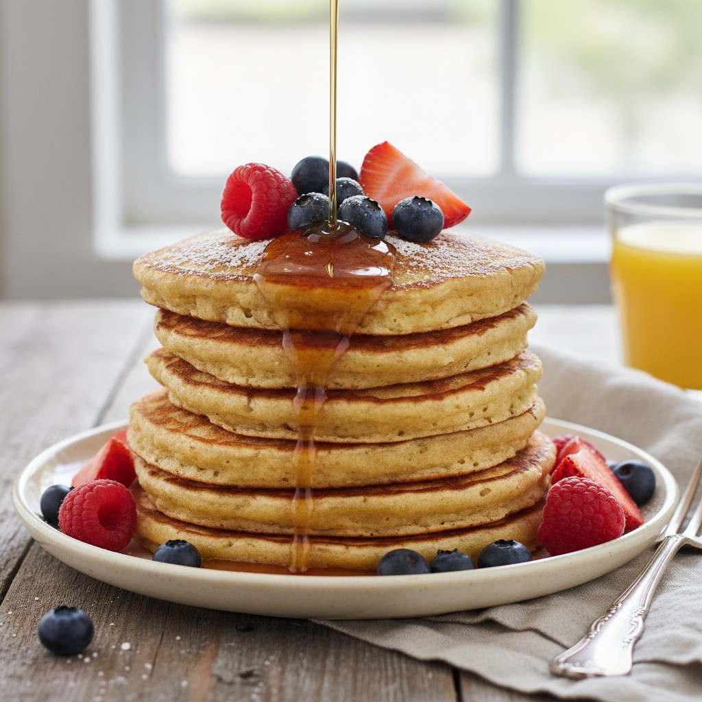 Golden sourdough discard pancakes with berries