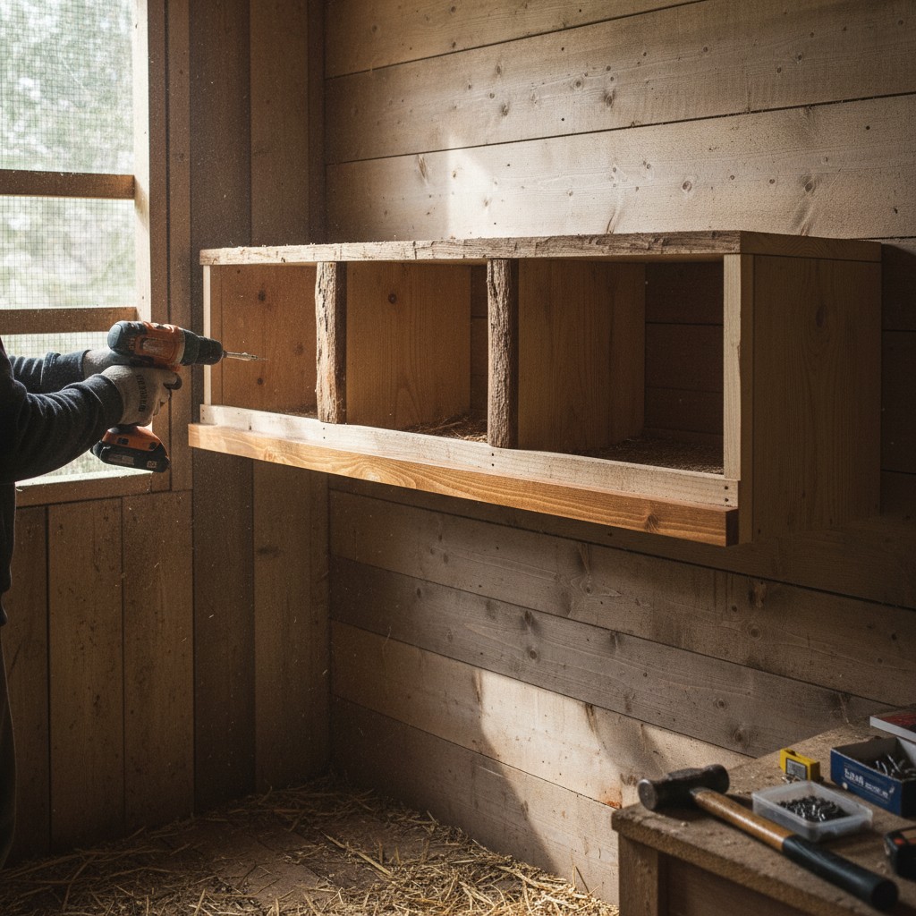Nesting boxes installed inside a coop
