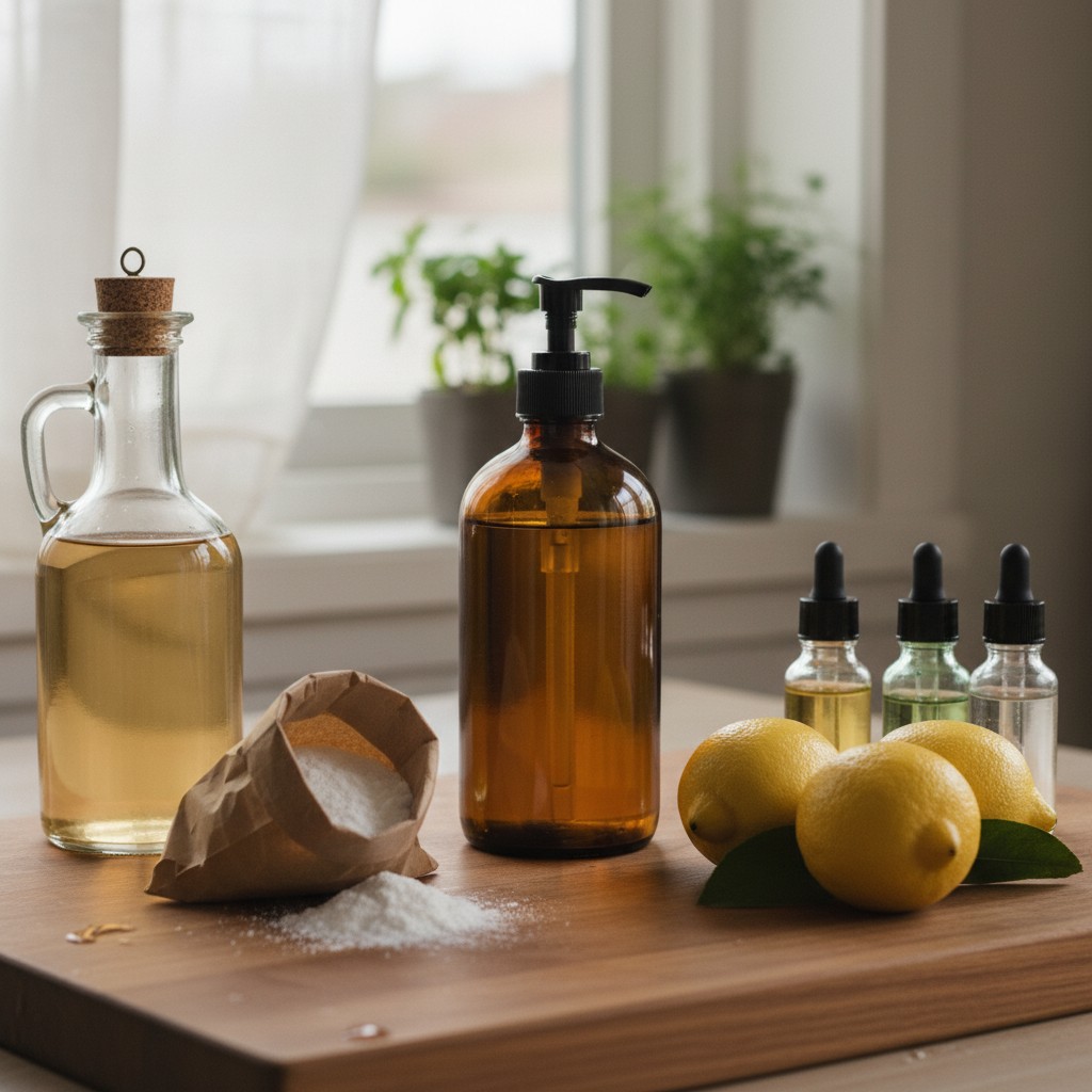 Five natural cleaning ingredients: vinegar, baking soda, castile soap, lemon, essential oil