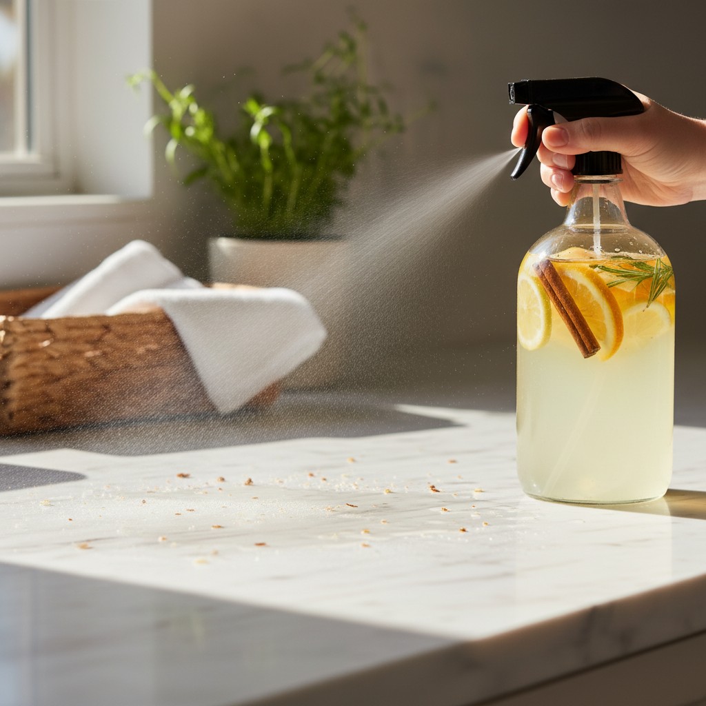 Homemade all-purpose cleaner in a glass spray bottle