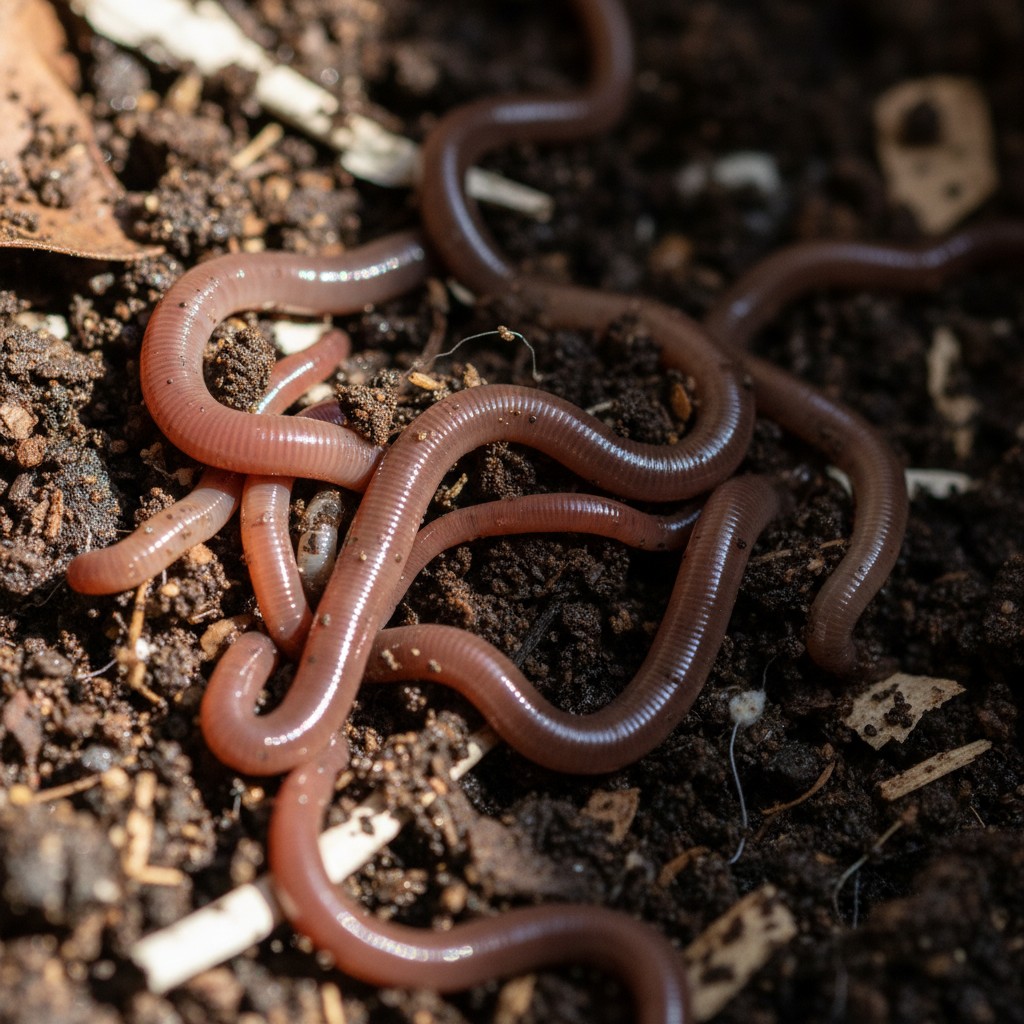 Red wiggler worms in rich dark compost bedding