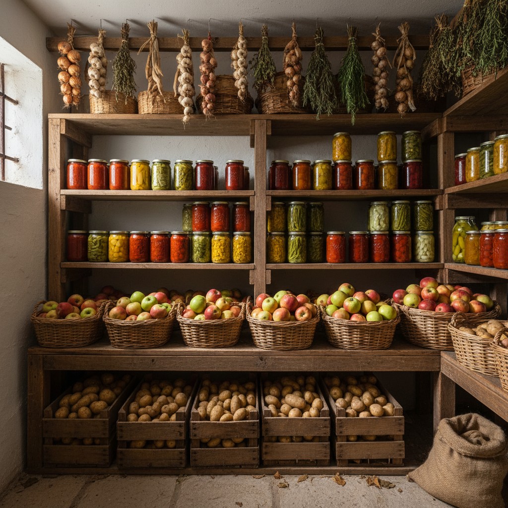 Root cellar shelves lined with potatoes, squash, onions, and apples