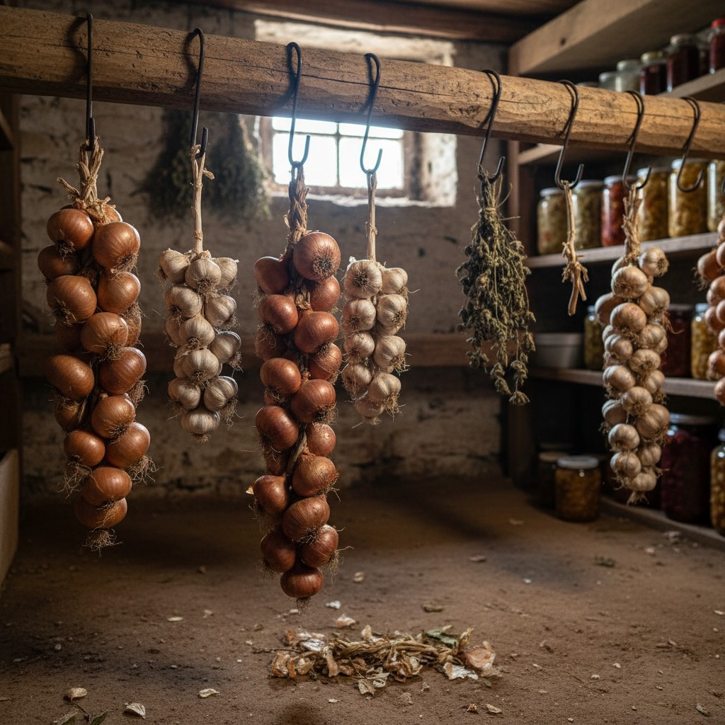 Braided onions hanging from a root cellar beam
