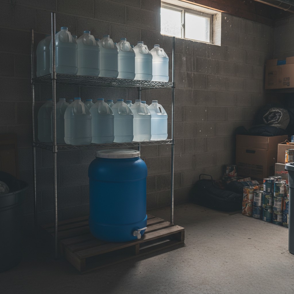 Water storage containers and water bob in a pantry