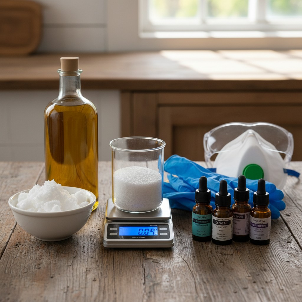 Cold process soap ingredients: oils, lye, essential oils, and molds