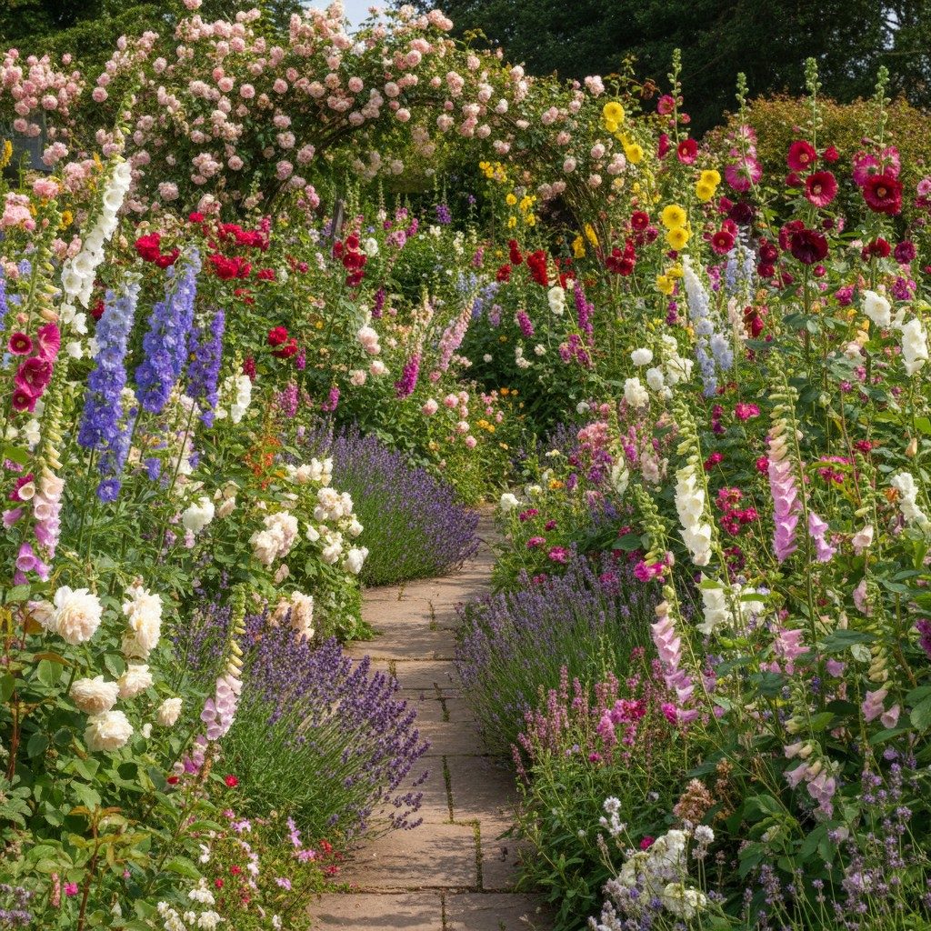 Beautiful cottage garden with roses, delphiniums, foxgloves