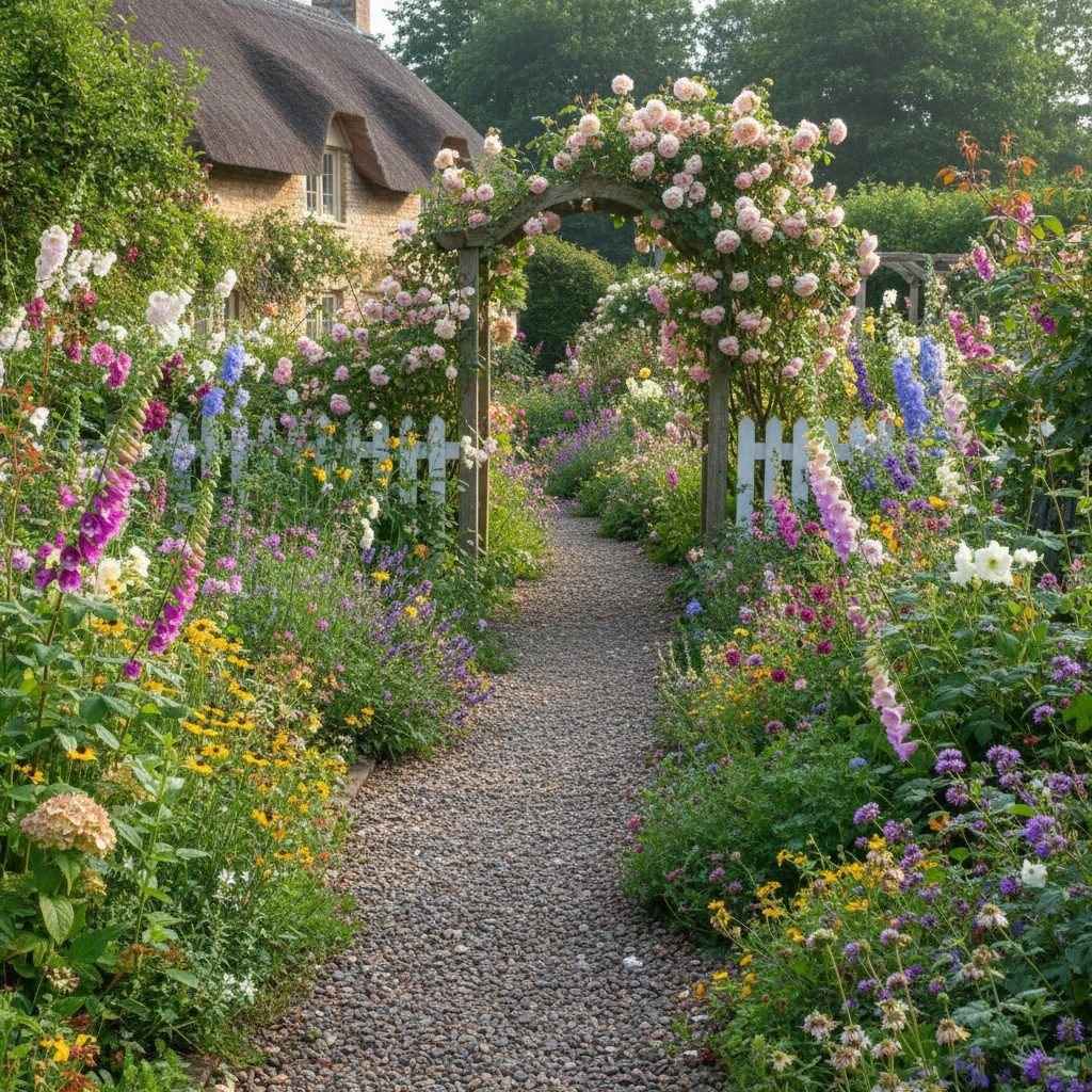 Winding gravel path through cottage garden