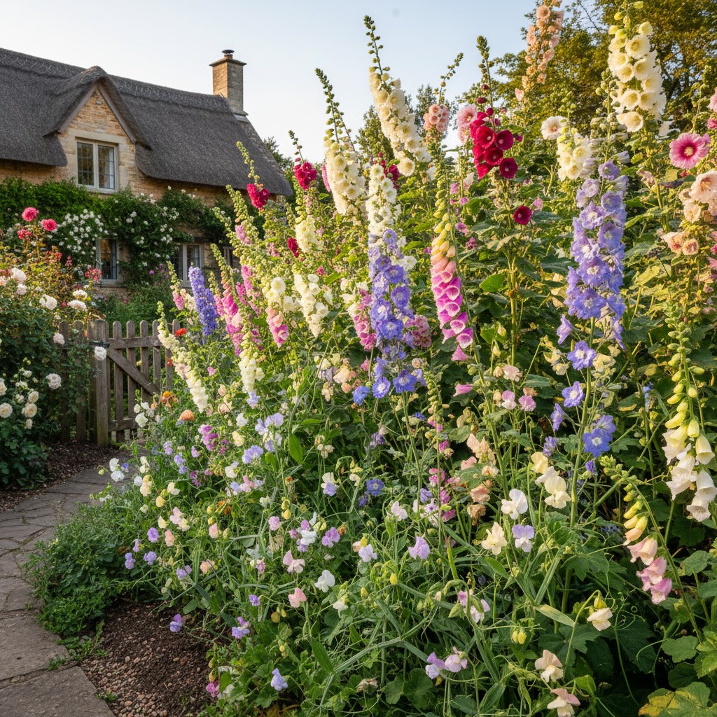 Classic cottage garden flowers: delphiniums, foxgloves, hollyhocks