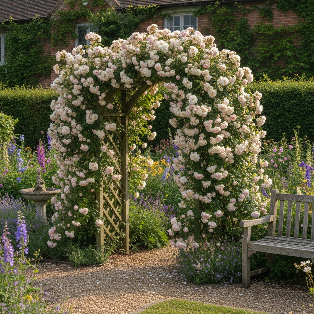 Climbing roses on a rustic arbor in a cottage garden