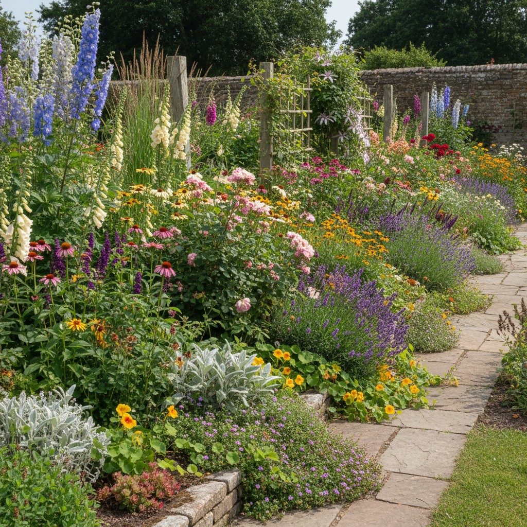 Self-seeding foxgloves and hollyhocks filling cottage garden gaps