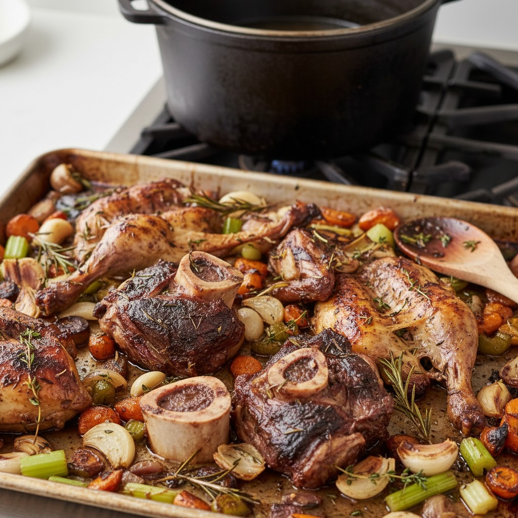 Roasted bones and vegetables on a sheet pan