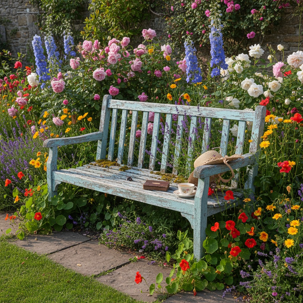 Weathered garden bench surrounded by cottage garden flowers