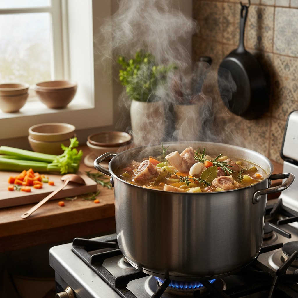Stock pot of bone broth simmering on stove