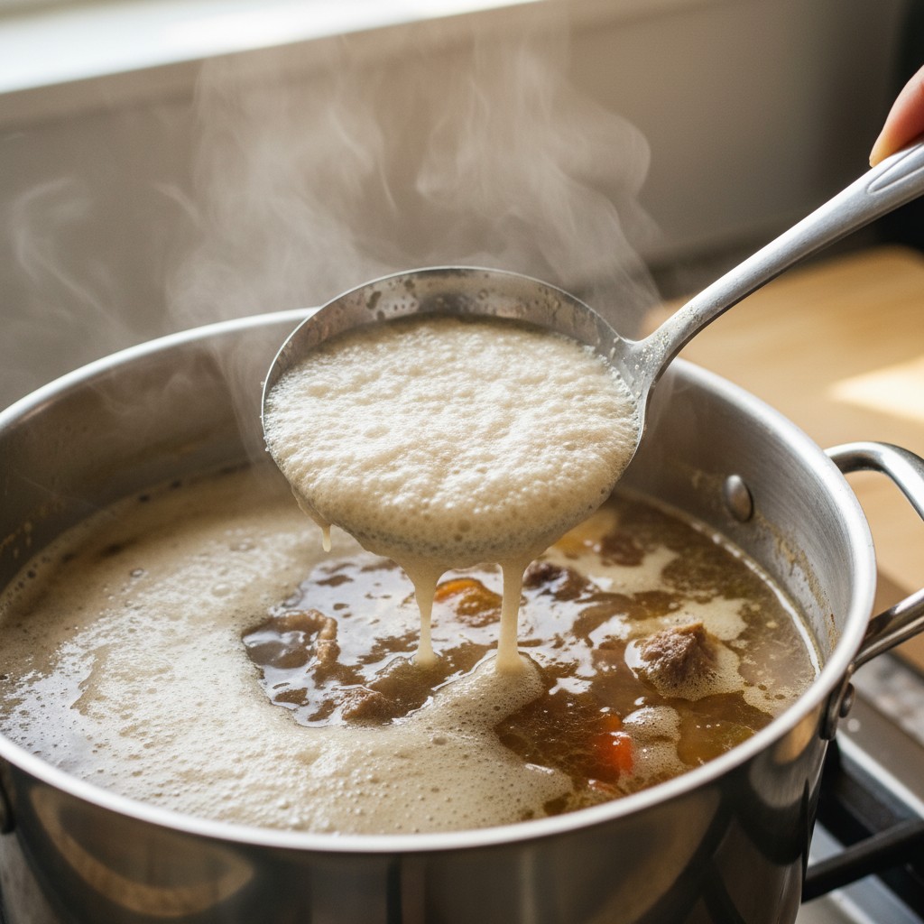 Broth being strained through fine mesh