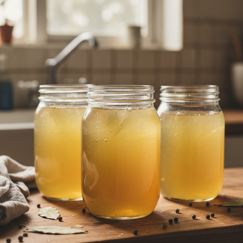 Steaming mug of bone broth and soup